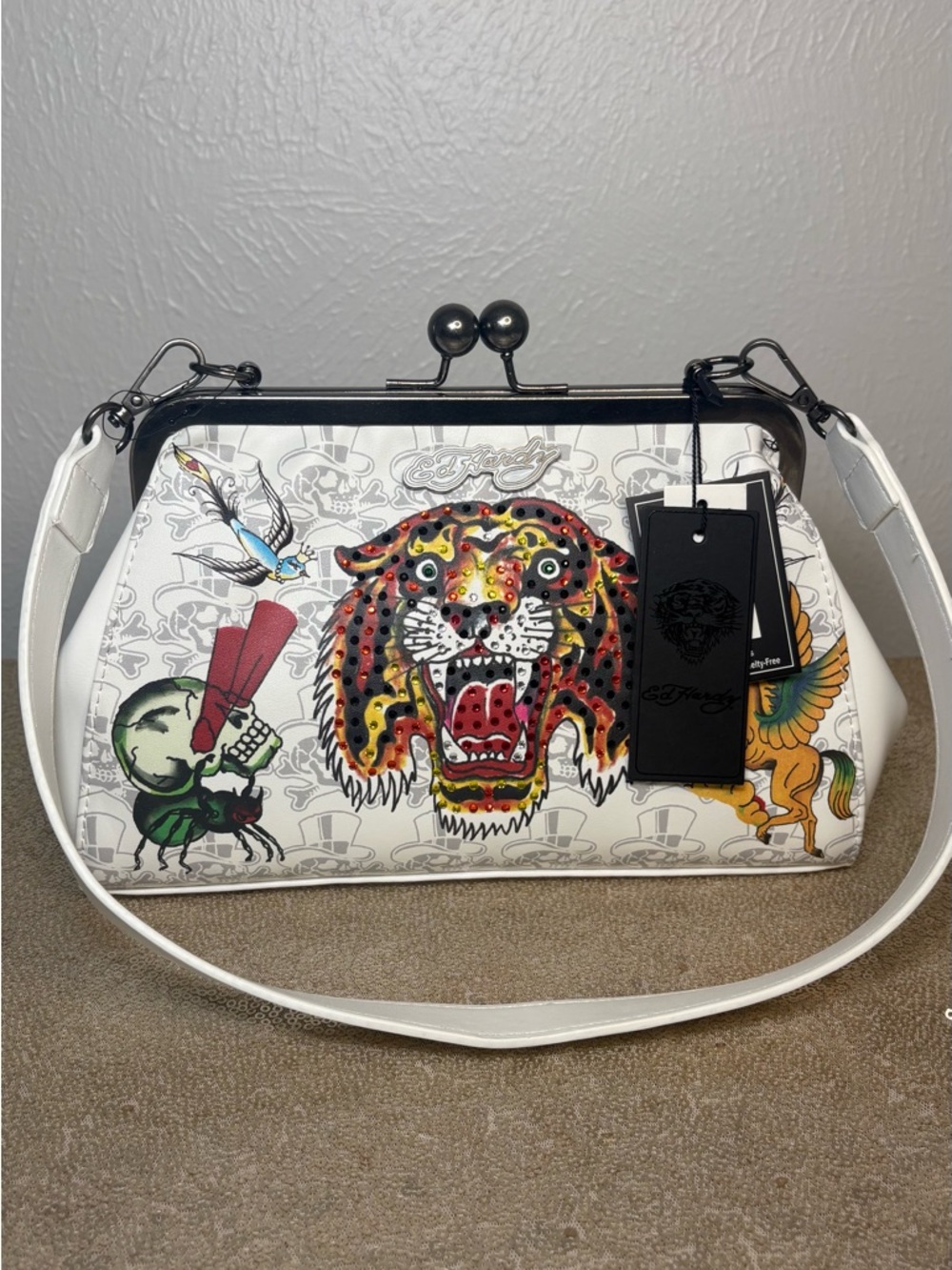 NWT ED HARDY White RHINESTONE TIGER SHOULDER BAG